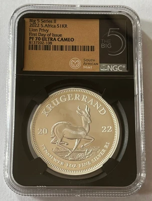 Serie S. Africa Big 5 2022 1 oz plata Krugerrand Lion Privy NGC PF70 FDOI Foto 1 de 4