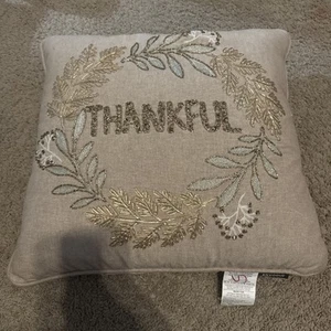Envogue Handmade Beaded THANKFUL Decorative Pillow Farmhouse Inspired - Picture 1 of 2