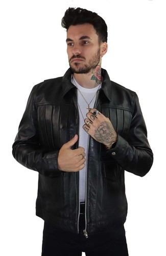 VETEMENTS Giacca corta uomo vera pelle di agnello plissettata cappotto classico nero