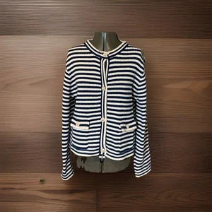 Sioni Navy & White Striped Cardigan Sweater Size XLarge Pearl Chic Old Money - Bild 1 von 11