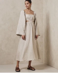 Aere 100% Linen Midi Dress Bell Sleeve Cut Out Boho Beach Summer Sz 6 - Picture 1 of 11