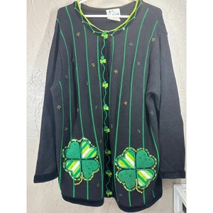 Quacker Factory Sweater Cardigan Irish Lucky Clover Embroidered Beaded Hearts 1X - Picture 1 of 7