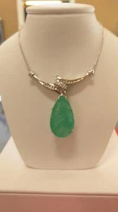 Huge Estate 14k white gold 20 cts Colombian Emerald & 0.3 cts diamond necklace - Picture 1 of 12