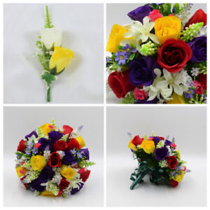 Artificial Wedding Flowers Multi Coloured Rose Package Daisies Lavender Bouquet 