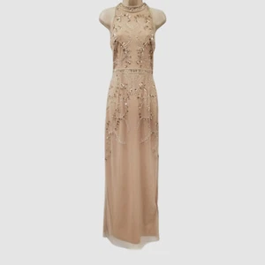 Adrianna Papell Studio Women Beige Beaded Sleeveless Mock-Neck Gown Dress Sz 10 - Picture 1 of 8