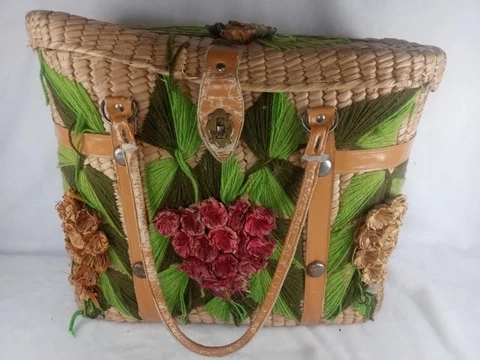 Vintage Straw Wicker Embroidered Basket Cover