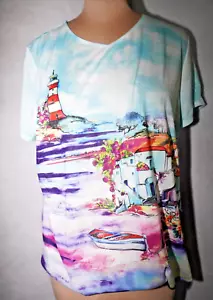 Chico's Short Sleeve T-Shirt Multicolor Lighthouse Print Sz 3 Short Sleeve NWT - Picture 1 of 7