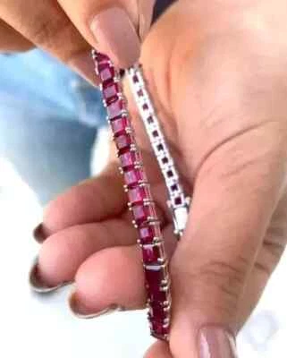 Red Ruby 7Ct Princess Cut Lab Created 7" Tennis Bracelet 14k White Gold Plated - Image 1 of 4