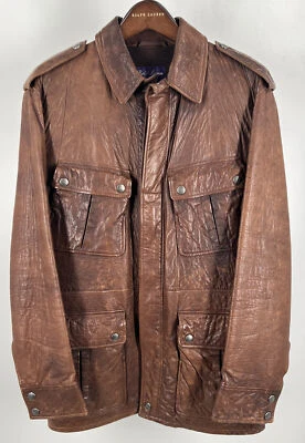 Chaqueta de Campo Ralph Lauren Etiqueta Púrpura Cuero Marrón Grande Hecha en Italia Foto 1 de 4