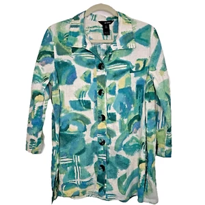 Ali Miles Tunika Top mit Knopfleiste M Leinenmischung blau grün Aquarell Lagenlook - Bild 1 von 7