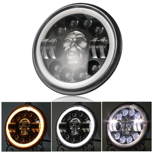 12v LED Hi/Lo Beam Headlight Angel Eyes 7inch Motorcycle Skull HeadLamp Touring - Picture 1 of 11