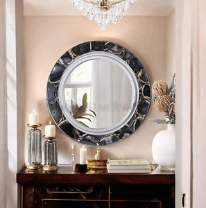 18" Natural Black Agate Round Wall Mirror Hanging Modern Housewarming Mirror Dec - Picture 1 of 8