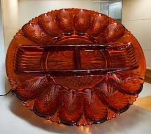 Vintage MCM L.E. Smith Large Amber UV Reactive Deviled Egg Relish Tray - Picture 1 of 10