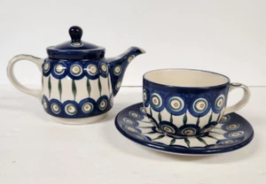 Taza de té/platillo/tetera de pavo real de cerámica polaca Boleslawiec - Imagen 1 de 20