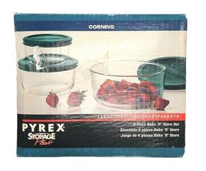 NOS Corning Pyrex 6 Stück Bake N Store Klarglas Aufbewahrung Runde Behälter Türkis - Bild 1 von 6