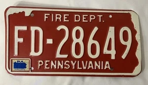 Rare Pennsylvania License Plate - Fire Department, FD - White/Red - Good Cond. - Picture 1 of 6