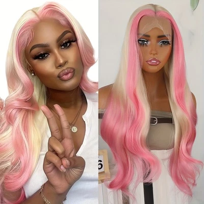 Pink Ombre Blonde Glueless Lace Front Wigs Body Wave Mixed Color Women Party Use - Image 1 of 4