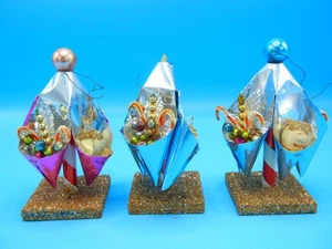 Vintage 3 Christmas Ornaments Made Japan Tin Foil Pockets Mercury Glass Chenille - Picture 1 of 11