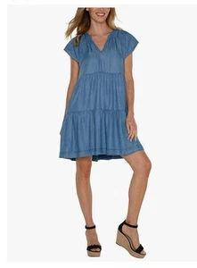 Vestido Liverpool Los Angeles Azul Cambray Manga Acampanada Talla XL - Imagen 1 de 8