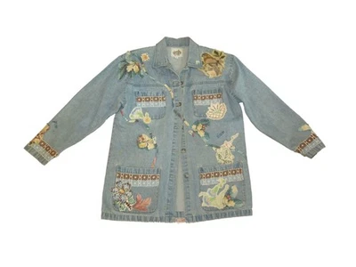 Abrigo bordado vintage rediseñado de mezclilla de jardín rústico hecho a mano tareas de granero talla M/L Foto 1 de 4