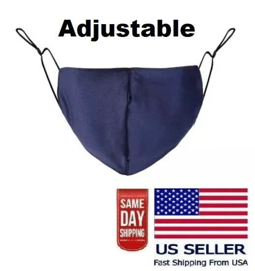 Dark Blue Silk Face Mask Adjustable Washable Elastic Navy Adult Cloth Fast Ship - Image 1 of 4
