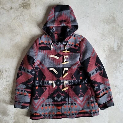 Casaco de lã feminino GAP médio vermelho e preto padrão asteca comprimento longo com capuz - Imagem 1 de 4