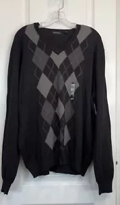 VAN HEUSEN NWOT Mens Sweater XXL 100% Cotton LongSleeve Vneck Argyle Black Gray - Picture 1 of 9