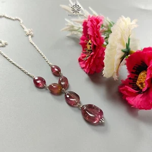 52cts Natural Pink Rubellite Tourmaline Gemstone Plain Silver Chain Necklace 22" - Picture 1 of 10