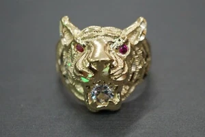 10K Solid Yellow Gold Dia-Cut Tiger Head created Red ruby Eyes Ring. Size 10.5 - Picture 1 of 11