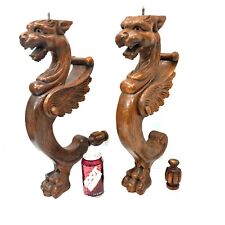 Antique Pair Carved 20" Oak Winged Griffin Lion Architectural Furniture Part