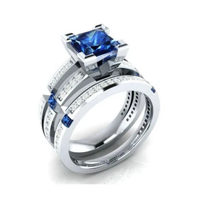 2.42ct Blue Princess Lab Created Diamond Engagement 925 Silver Bridal Set Ring - Image 1 of 4