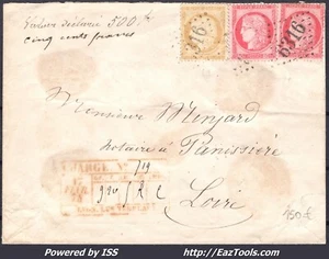 FRANCE N°57x2+59 SUR LETTRE CHARGÉE GC 6316 LYON LES TERREAUX + CAD 17/02/1874 - Picture 1 of 2