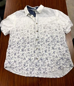Carbon 2 Cobalt Shirt L White Gray Linen Floral Collared Short Sleeve Button-Up - Picture 1 of 9