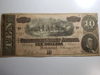 1864 $10 Confederate States Note Ten Dollar Bill Currency T68 - Image 1 of 4