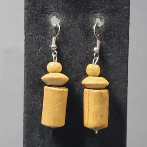 Wooden Beaded Earrings Silver Tone Brown Mid Century Modernist Boho Pierced 2" - Picture 1 of 9
