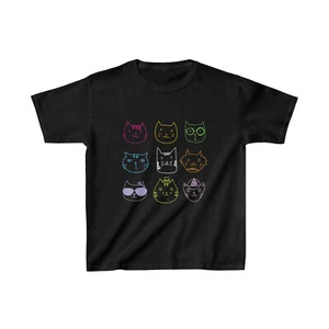 "Black children's t-shirt with colorful cat faces theme." (Benguva Kids) - Picture 1 of 3