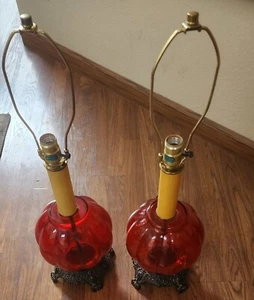 Vintage Set Of Mid-Century Modern Red Bubble Glass Table Lamps 27" Working - Picture 1 of 6