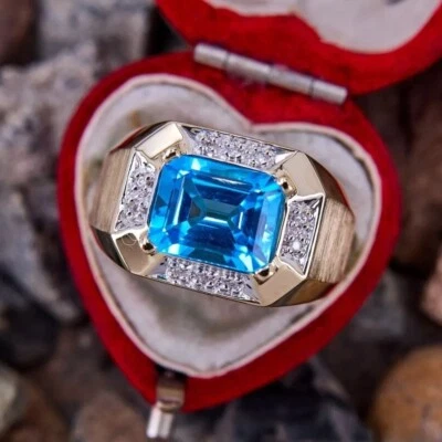 Anel de noivado masculino topázio azul simulado esmeralda 4,50 quilates folheado a ouro amarelo 14K - Imagem 1 de 4