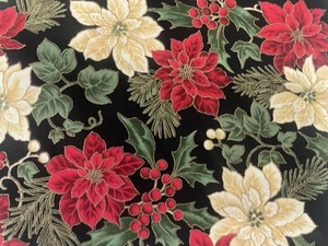 Red White Poinsettia Fabric 1 Yard Holiday Homecoming Style Hoffman Floral 59004 - Picture 1 of 3