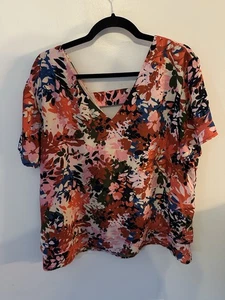 Banana Republic Blouse V-neck Short Sleeves Size XL Pink Floral Strappy Back EUC - Picture 1 of 5