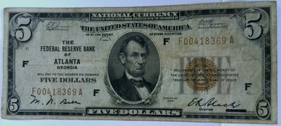 1929 $5 The Federal Reserve  Bank Of Atlanta Georgia F00418369A - Image 1 of 4