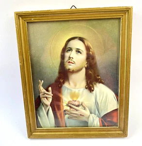 Vintage Sacred Heart of Jesus Framed Religious Print Gold Frame 1960s MCM - Picture 1 of 13