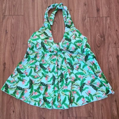 VM Women's Swimwear Tankini HalterTop Flowy Blue Green Tropical Print Size 18W - Image 1 of 4