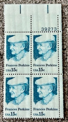 Scott #1821 Frances Perkins, 1980 US 15c Stamp Block, mnh, og, vf/xf - Image 1 of 2