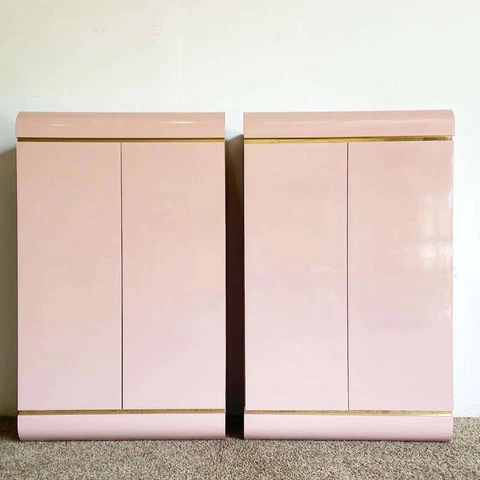 Postmodern Pink Lacquer Laminate Waterfall Cabinets - a Pair Cover