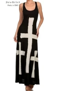 USA New Womens T PARTY BLACK CROSS TIE DYE BOHEMIAN RACERBACK MAXI DRESS BOHO S - Picture 1 of 4