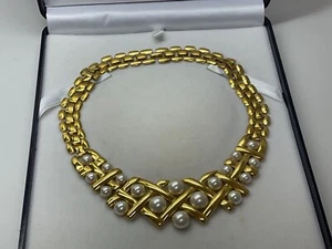 SIGNED NAPIER CHUNKY GT FAUX PEARL LATTICE STATEMENT NECKLACE PANTHER LINK CHAIN - Picture 1 of 6