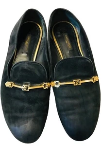 Louis Vuitton Black Suede slip on Loafers Gold accents Logo Flat Shoes size 37.5 - Picture 1 of 13