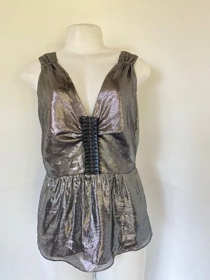MIGUELINA Women's SILK Silver Metallic Blouse, Size M. NWT  - Image 1 of 4