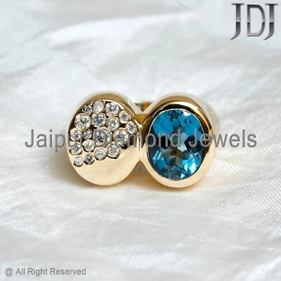 Natural White Diamond Ring Blue Topaz Gemstone Designer Ring 14k Solid Gold Ring - Image 1 of 4